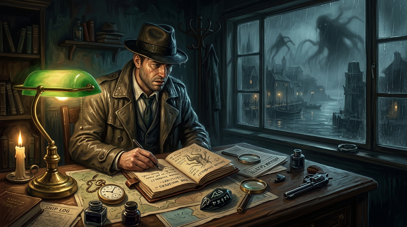Illustration of an investigator examining eldritch clues and a ticking pocket watch under lantern light in an atmospheric 1920s study