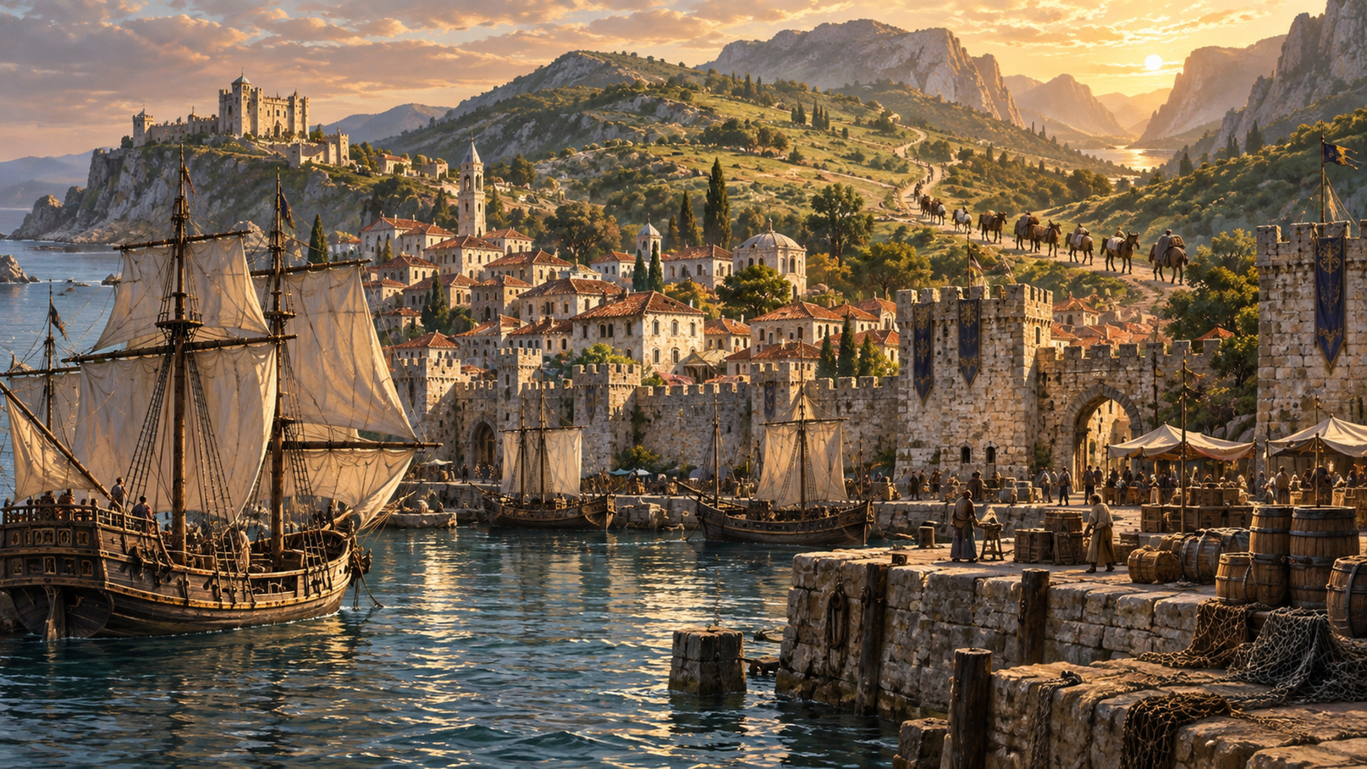 A harbour city with stone quays and sailing ships beside an inland pack-train road winding through hills