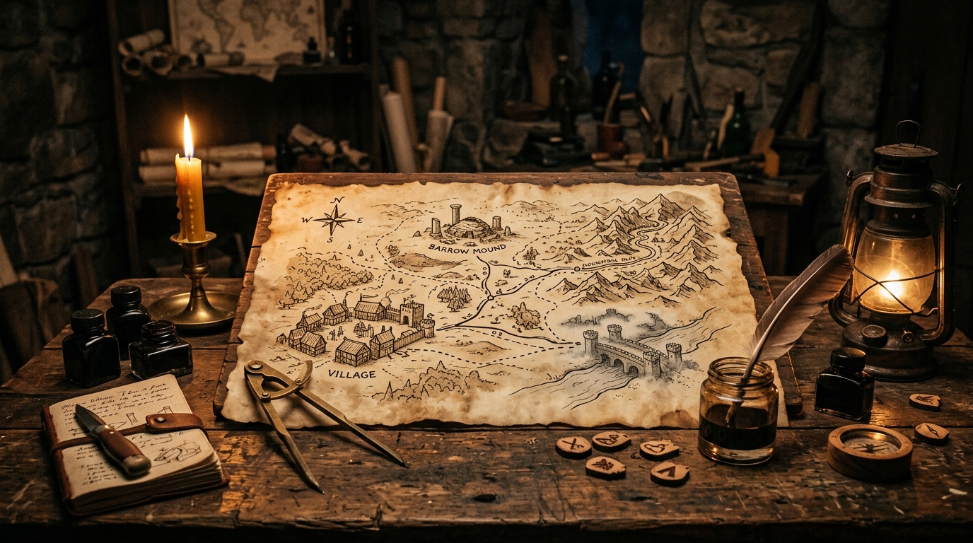 Cartographer drafting table at night with inked route-node vellum map, calipers, and brass compass