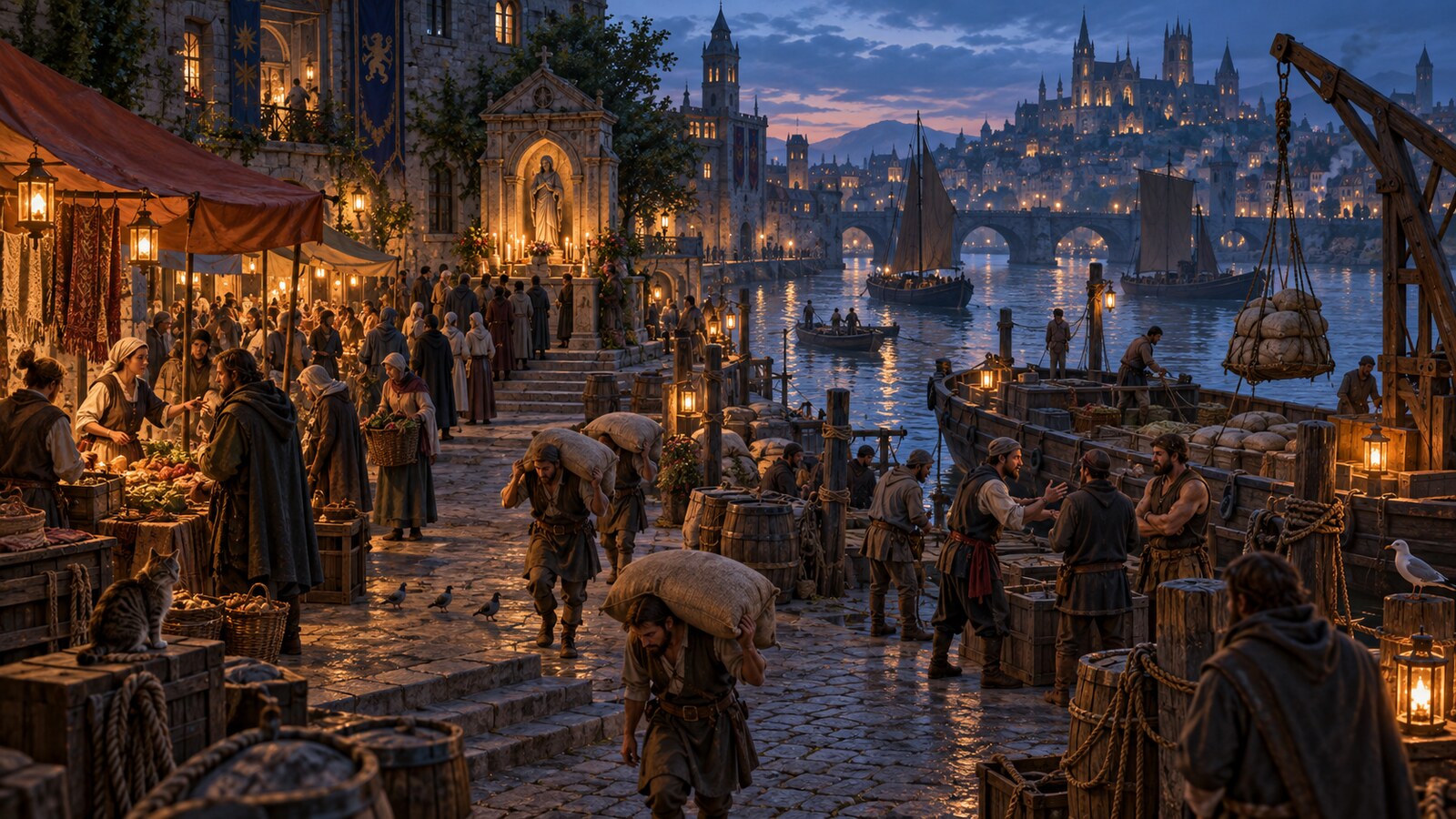 A busy fantasy river market where guild workers, pilgrims, and merchants gather beneath lanterns