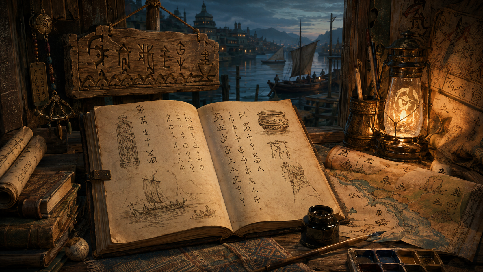 A linguist's notebook and carved harbour sign beside a lamplit river-port window
