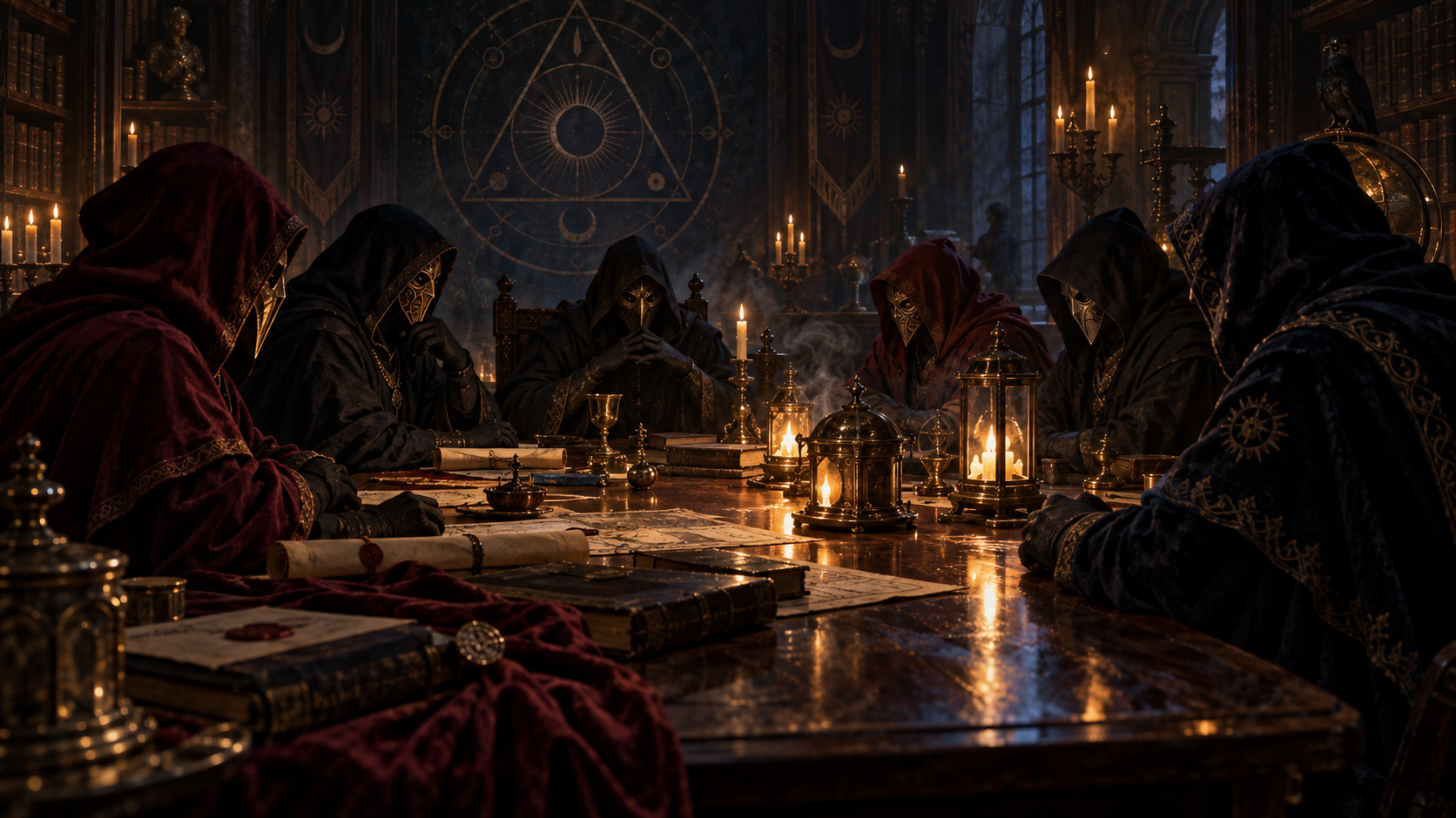 A lantern-lit meeting room where hooded figures gather around a table beneath a hidden emblem