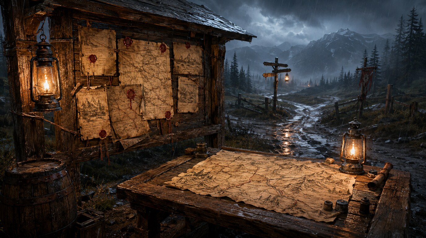 Lantern-lit frontier notice board and map table with divergent wilderness adventure routes