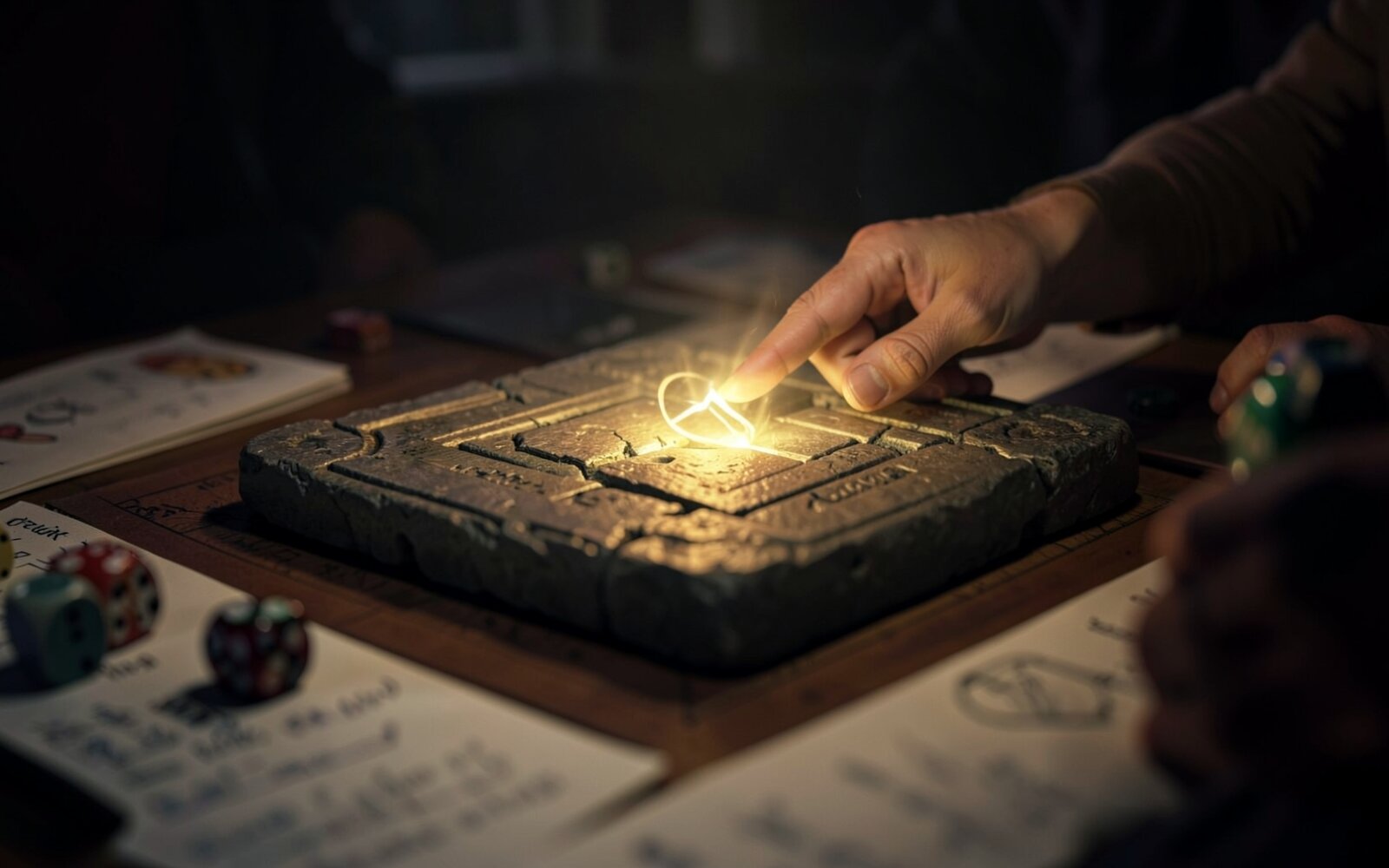 A game master's hand pointing toward a glowing rune on an ancient stone puzzle mechanism at a lantern-lit tabletop