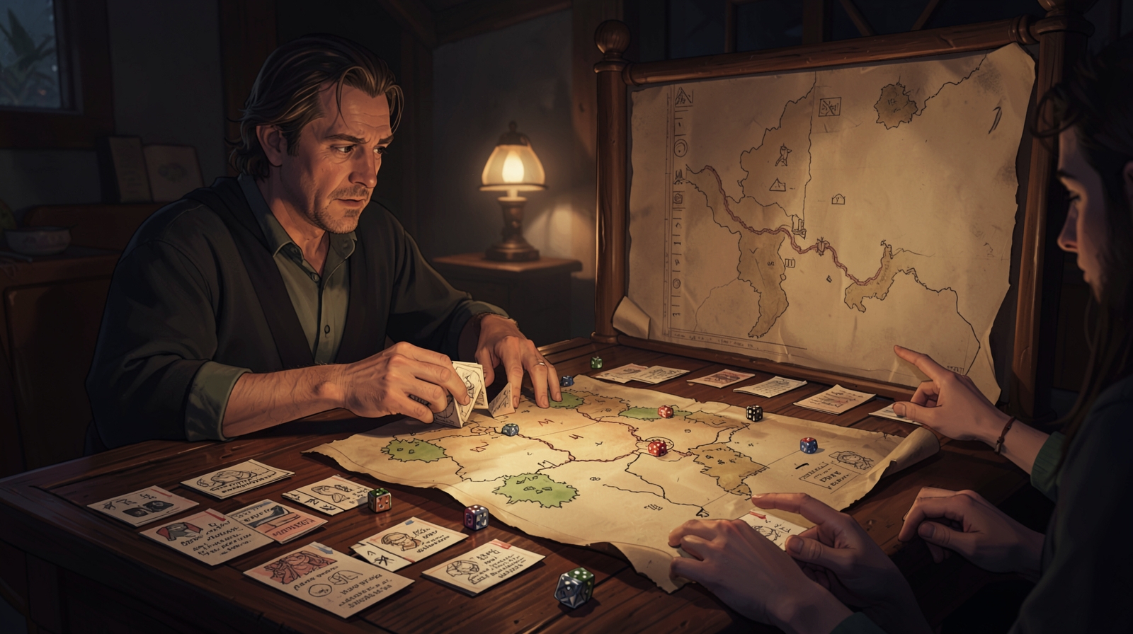 A Game Master mid-improvisation at a lamplit table, shuffling faction and NPC index cards while players point off the edge of the prepared map