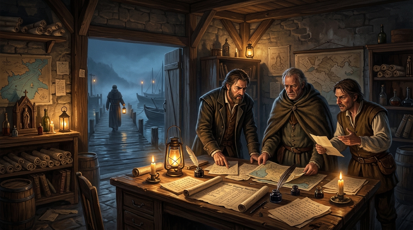 Investigators compare conflicting notes and a harbour manifest by lantern light while a priest walks past the docks at night
