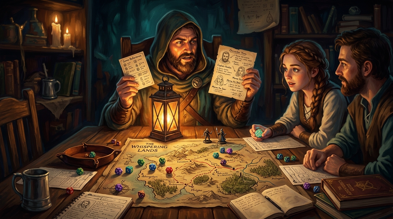 A Game Master flipping through a compact campaign reference card at the table instead of a thick binder of session notes