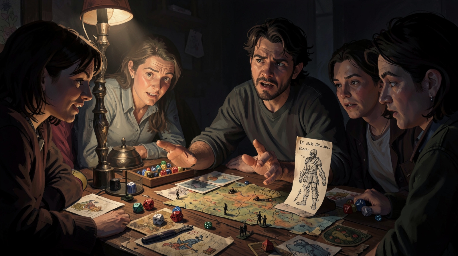 A Game Master gestures mid-sentence at a lamplit table while players lean in, a hand-drawn sketch of an improvised guard NPC propped beside the map