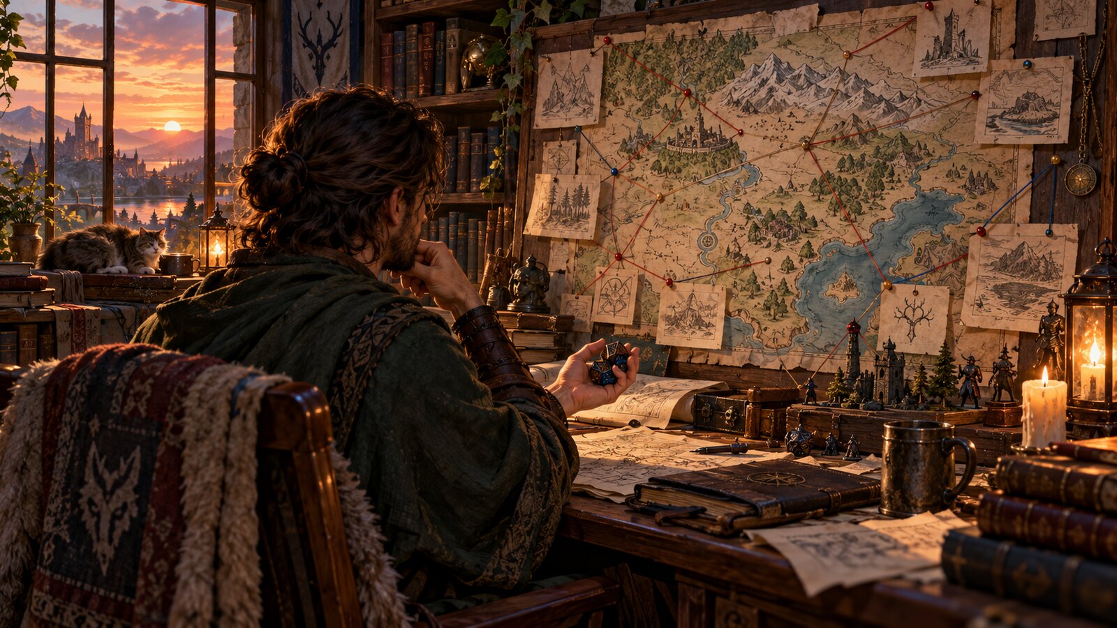 A player studying a large hand-drawn regional map pinned with threads linking small notes, dice in hand, in late evening light
