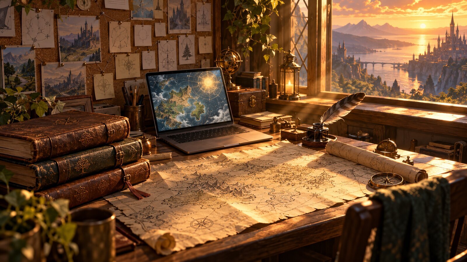 A tidy desk with leather campaign journals, pinned index cards and a half-unrolled sketched map in golden light