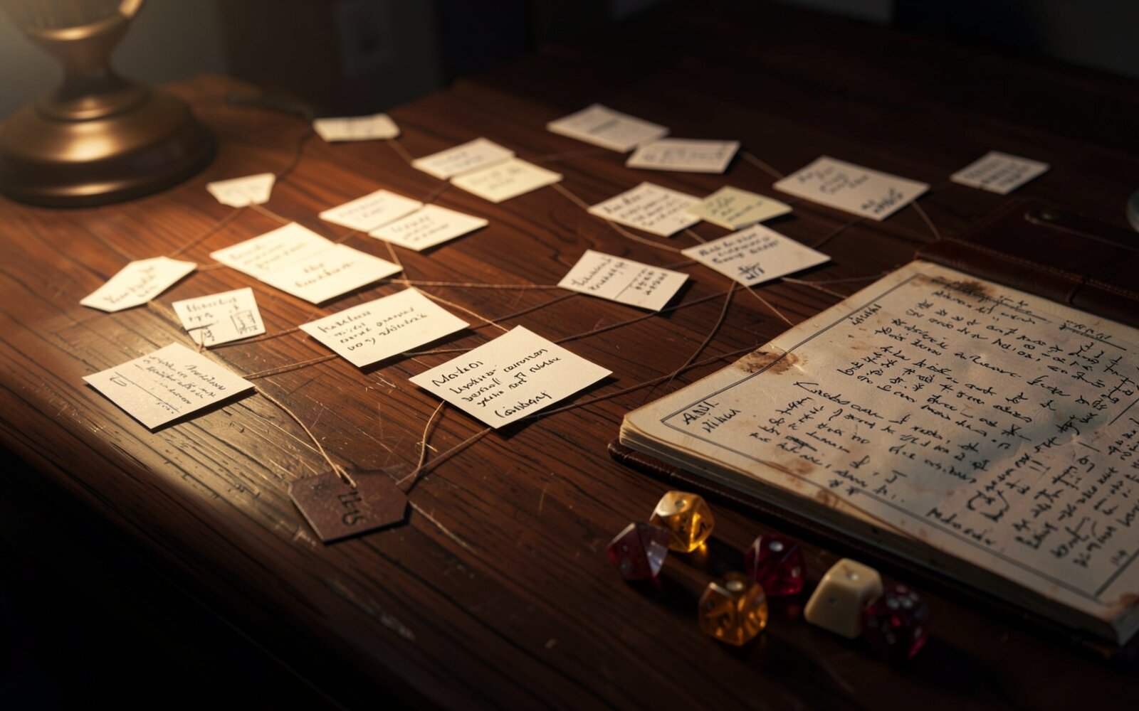 A game master's desk with handwritten index cards connected by string beside a well-worn campaign notebook and dice