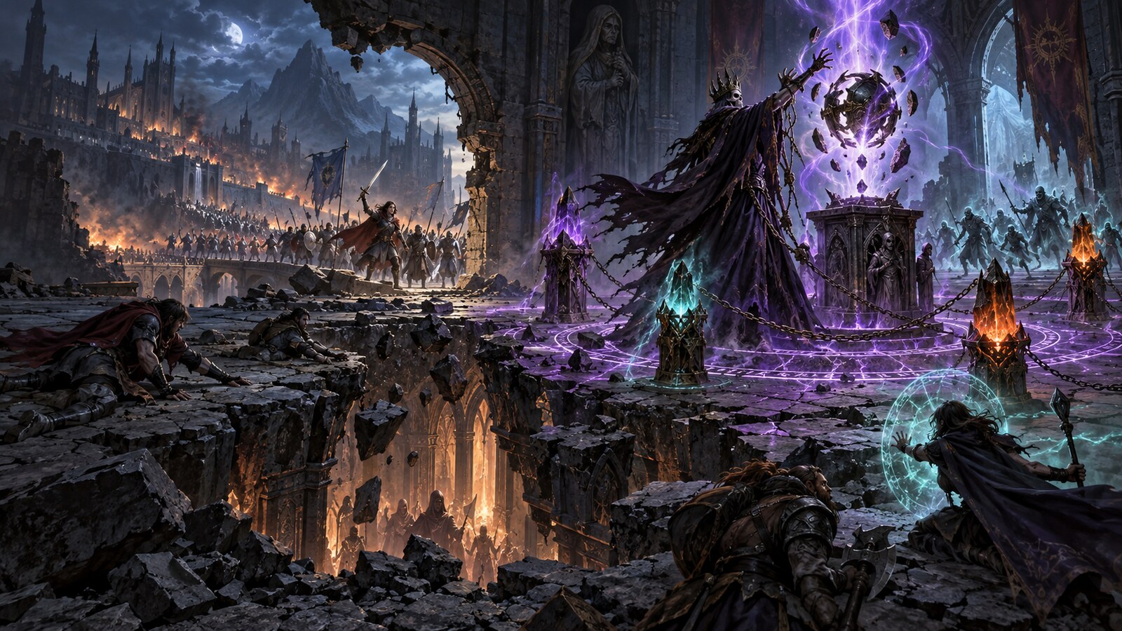 A shadow-cloaked villain stands before an ancient ritual circle as their minions and magical wards surround them, whilst outside the chamber a freed prisoner rallies defenders against approaching reinforcements