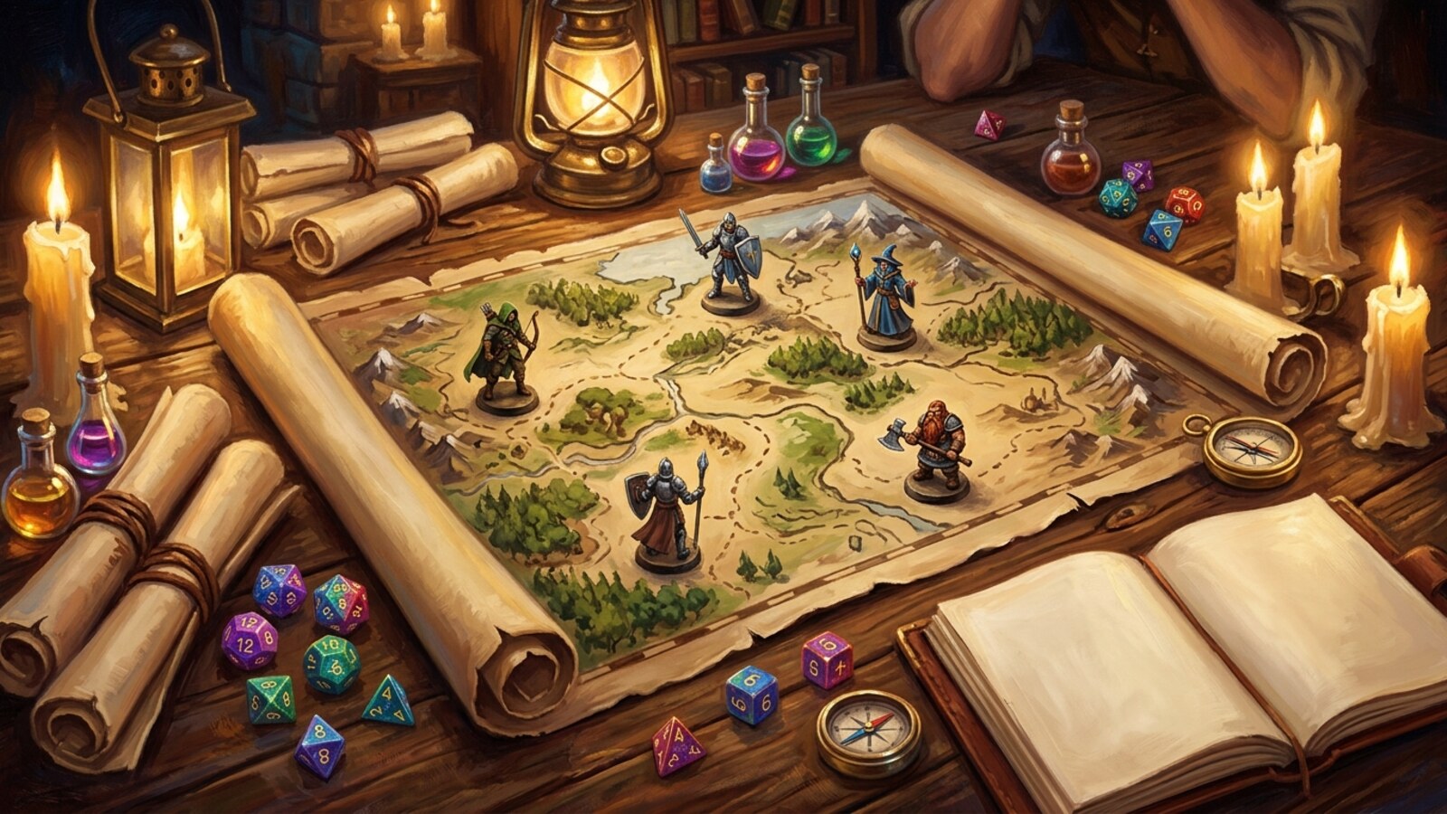 A Game Master leaning forward at a table mid-scene while players react, dice and character sheets spread between them