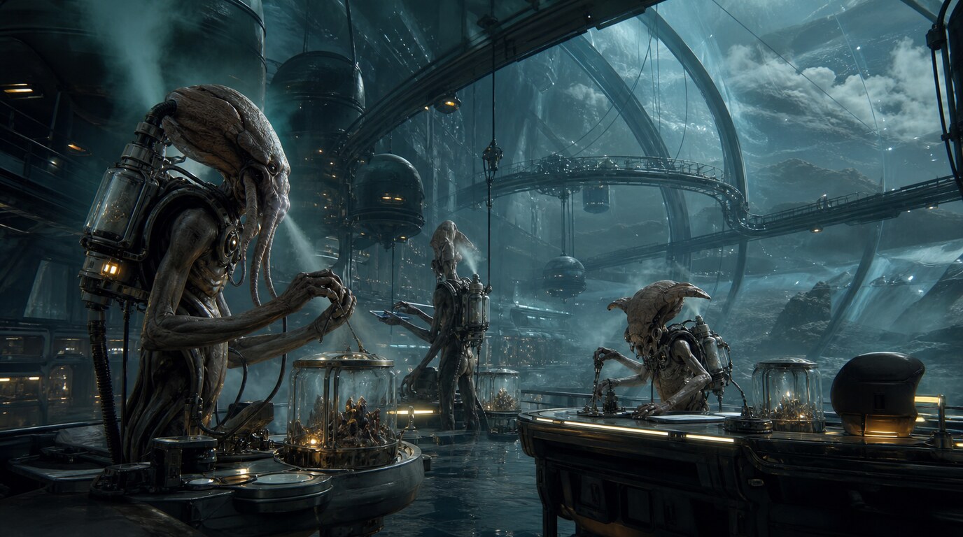 Non-humanoid alien researchers in a planetary survey station with low-gravity architecture