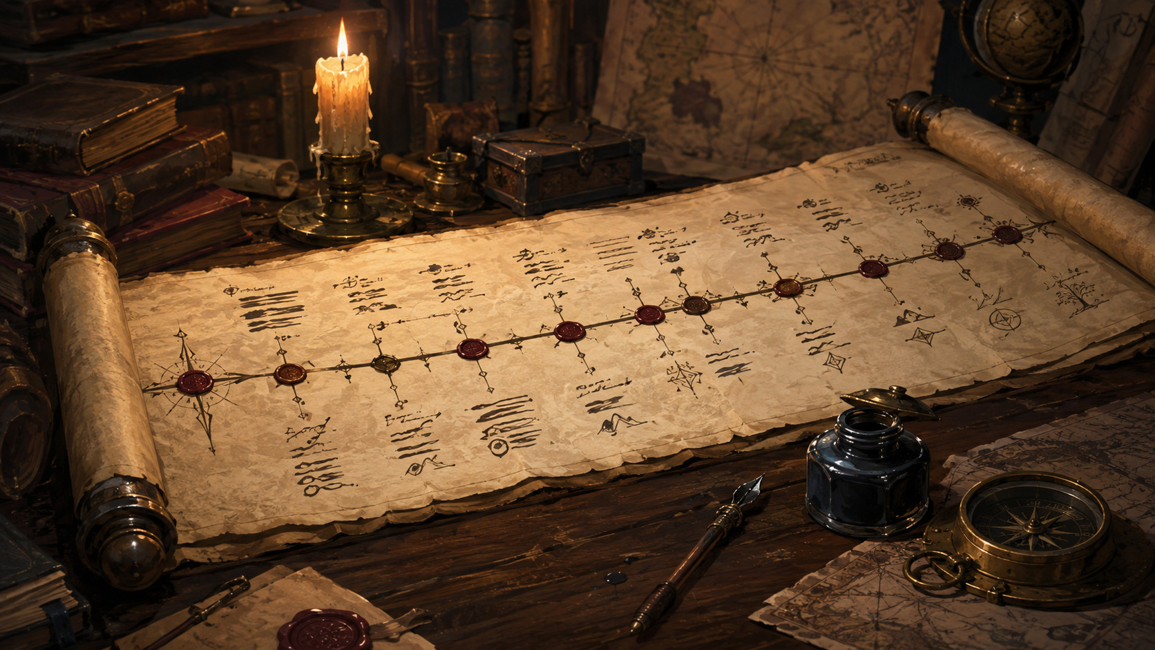 A hand-drawn campaign timeline scroll on a candle-lit desk, marked with wax-sealed date entries beside an inkwell and brass compass