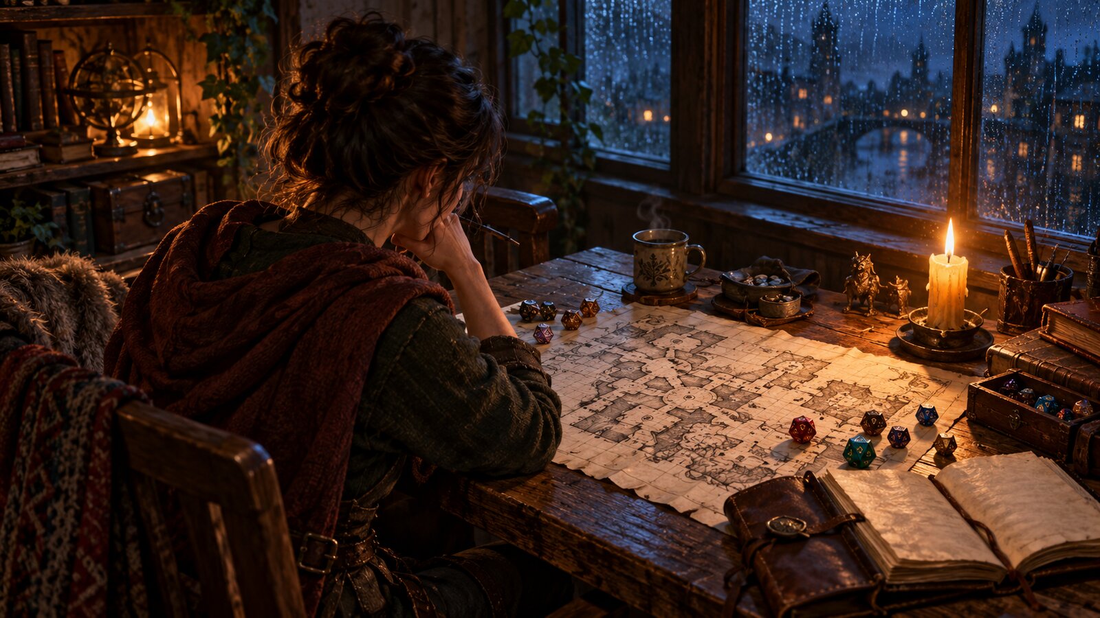 A lone player at a worn oak table at night with a hand-drawn dungeon map, dice and an open journal lit by a single candle