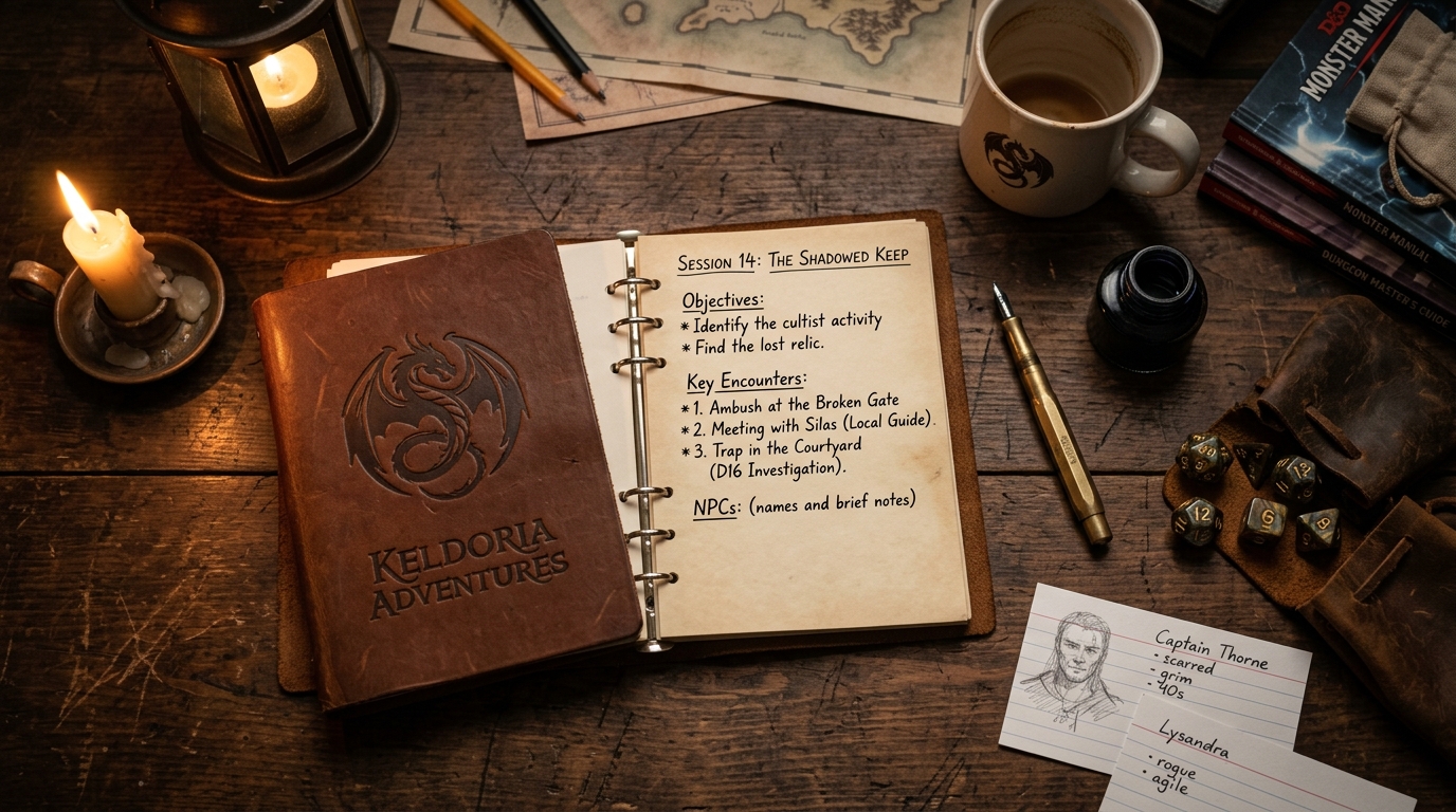 Atmospheric tabletop RPG gamemaster preparation desk with session prep notes, dice, and open campaign binder