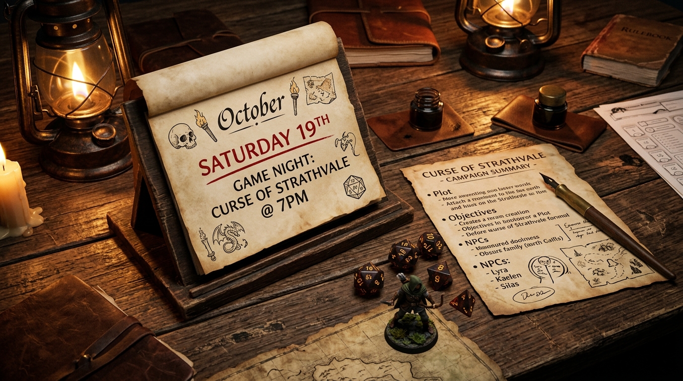 A calendar with one RPG session marked per month beside a short one-page campaign reference sheet