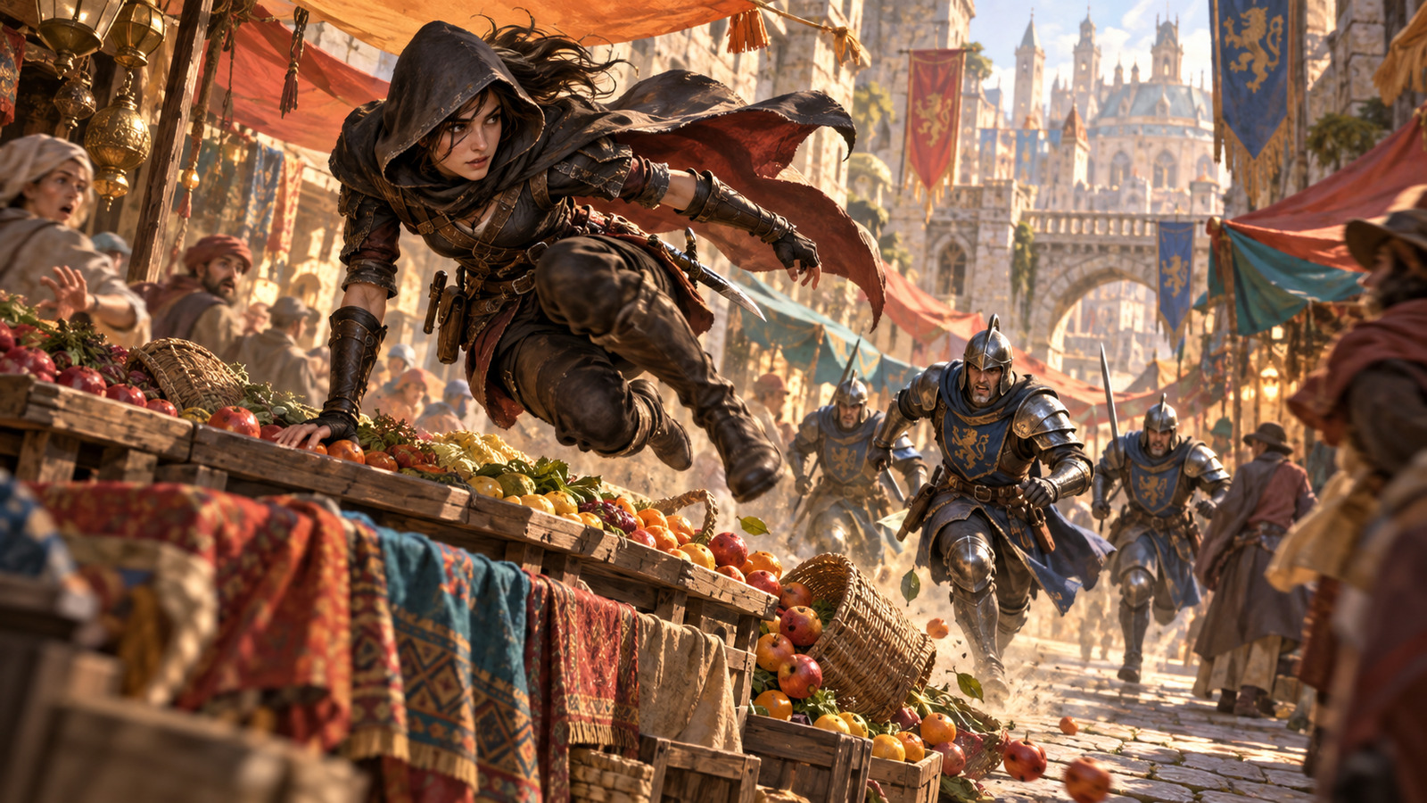 A rogue vaulting over a market stall while the city watch closes in behind, dice on the table