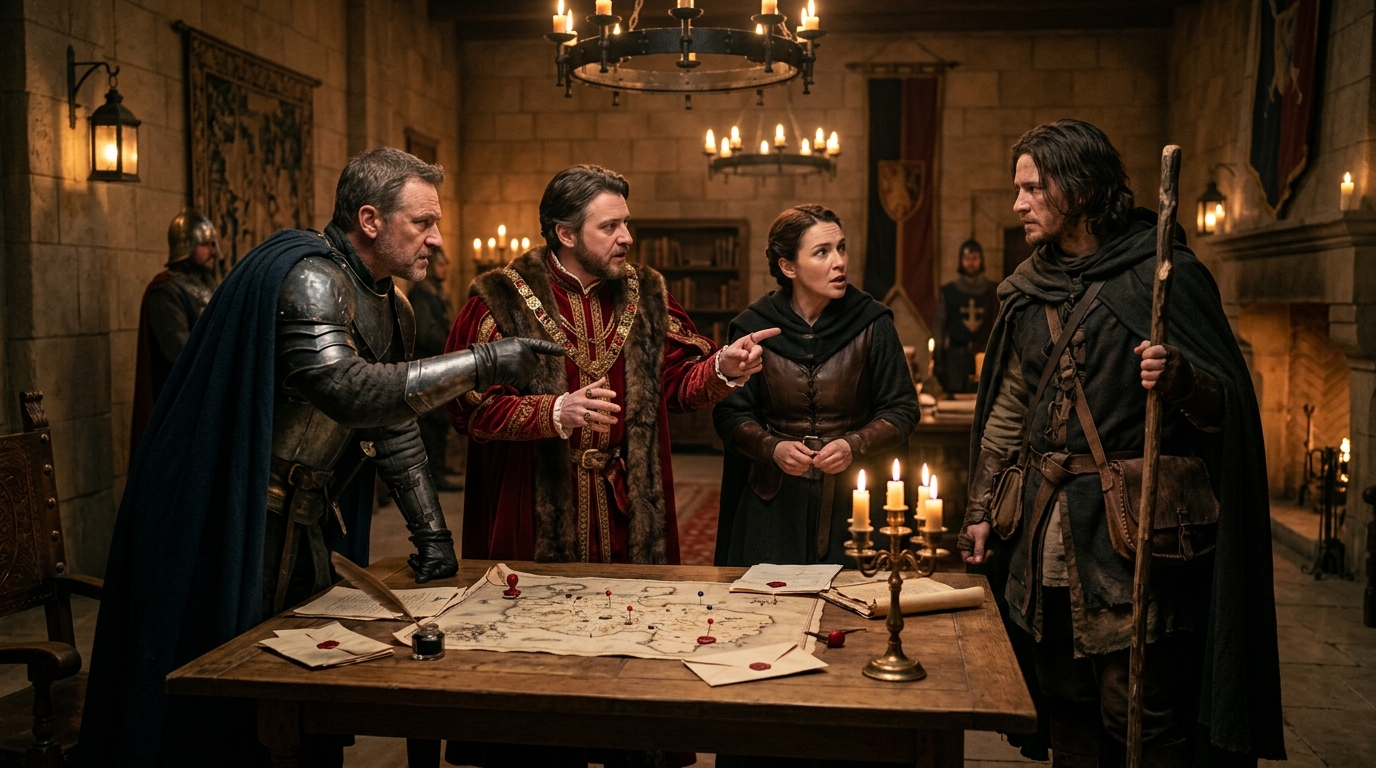 Tabletop RPG adventurers and faction delegates gathered around a map-strewn council table in tense debate