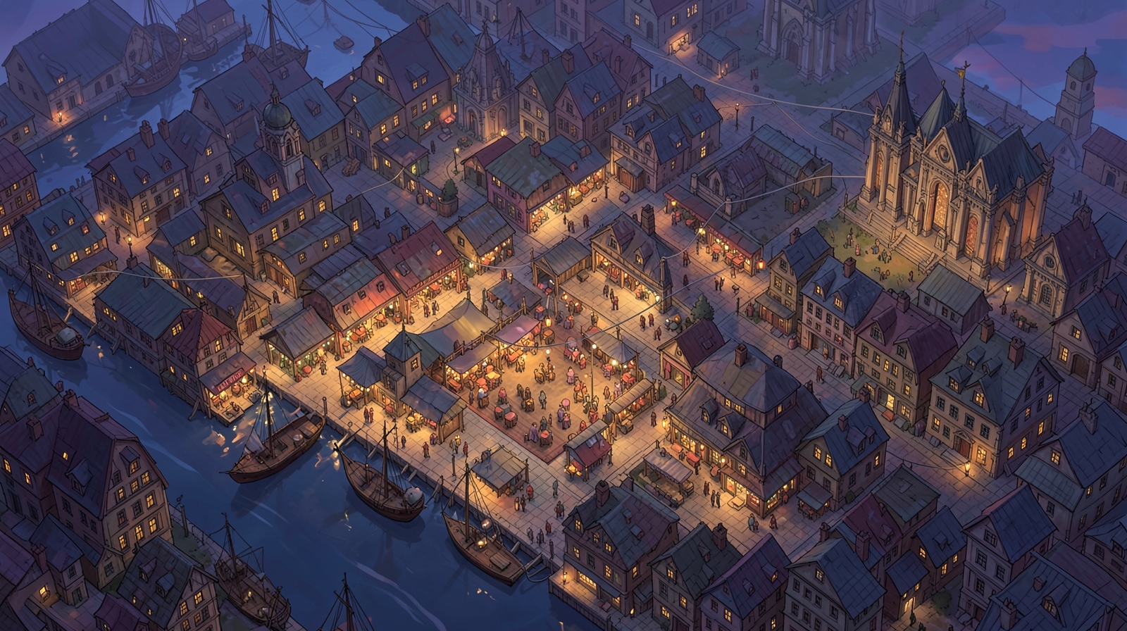 An isometric night-time view of a fantasy city with a lantern-lit market square, dockside quarter, and temple district connected by threads of light