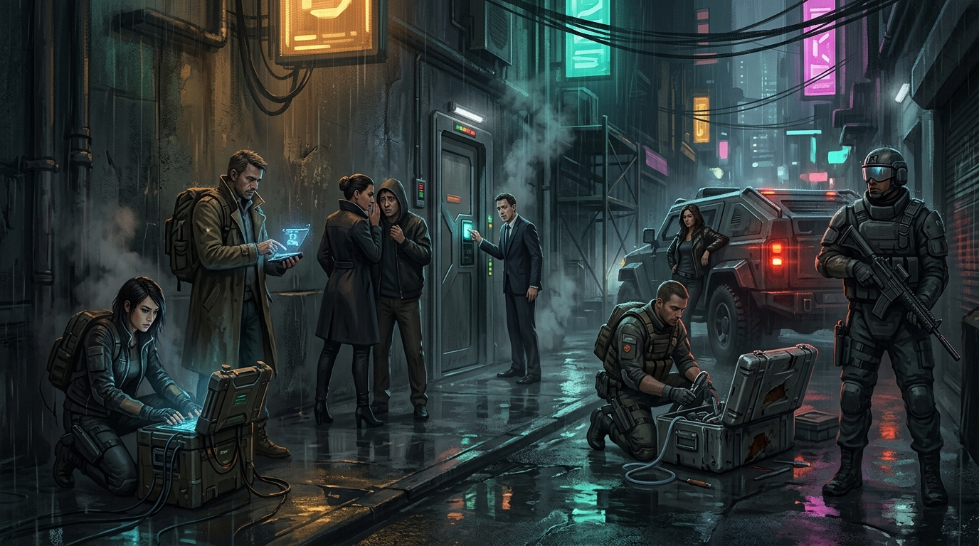 Cyberpunk crew of a netrunner, fixer, and solo converging on a rain-lit corporate loading dock at night