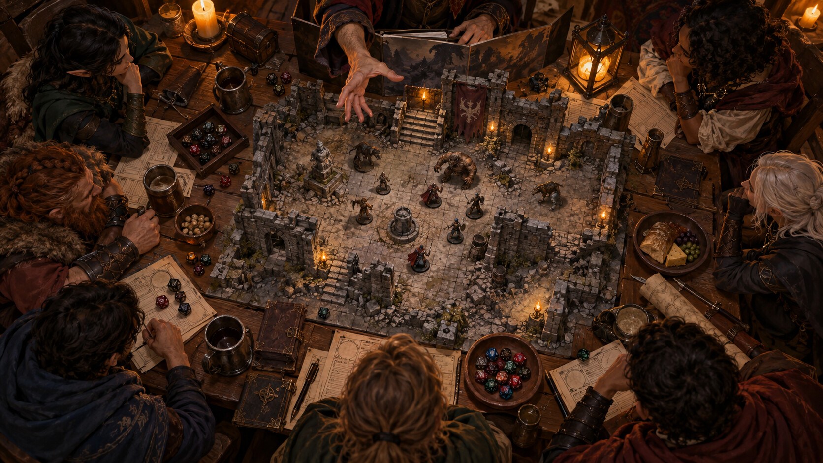 A crowded tabletop RPG table with many players and character sheets around a ruined keep battle map