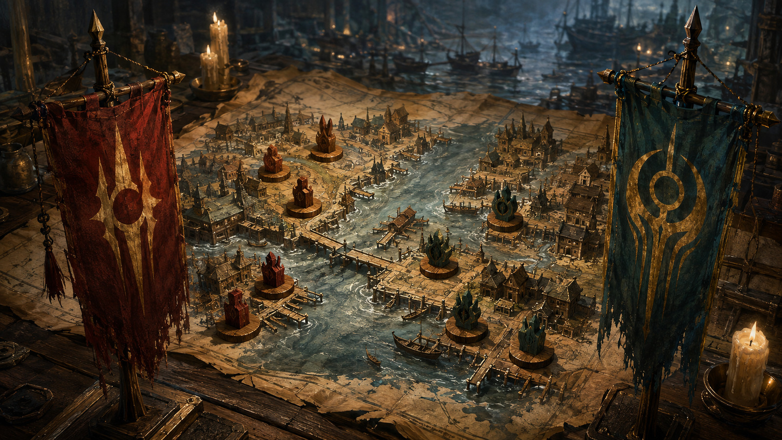Two rival faction banners crossed over a river town dock map with wooden tokens marking contested territory