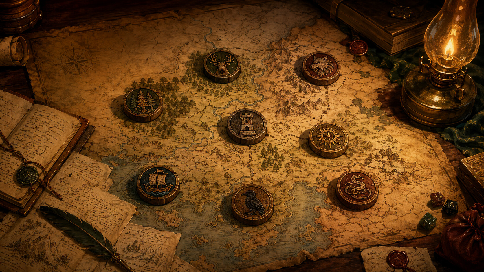 Carved wooden faction tokens and handwritten campaign journal notes placed across a regional tabletop RPG map under lantern light