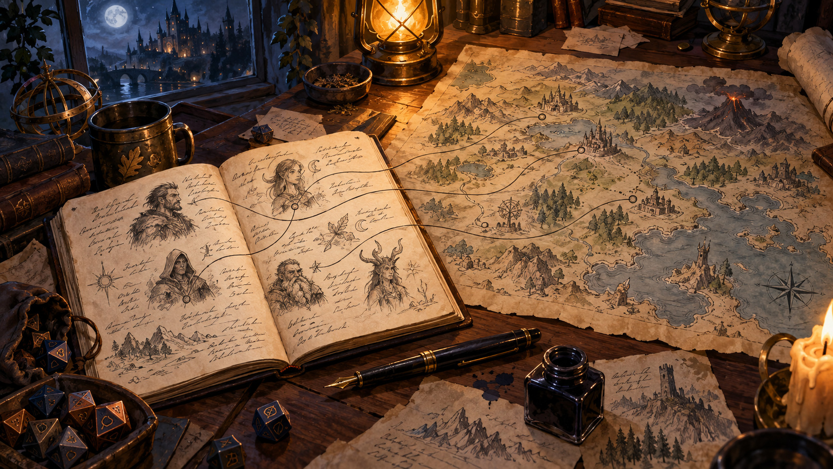 A game master's notebook page linking a character's family, debts and hometown into a wider campaign map