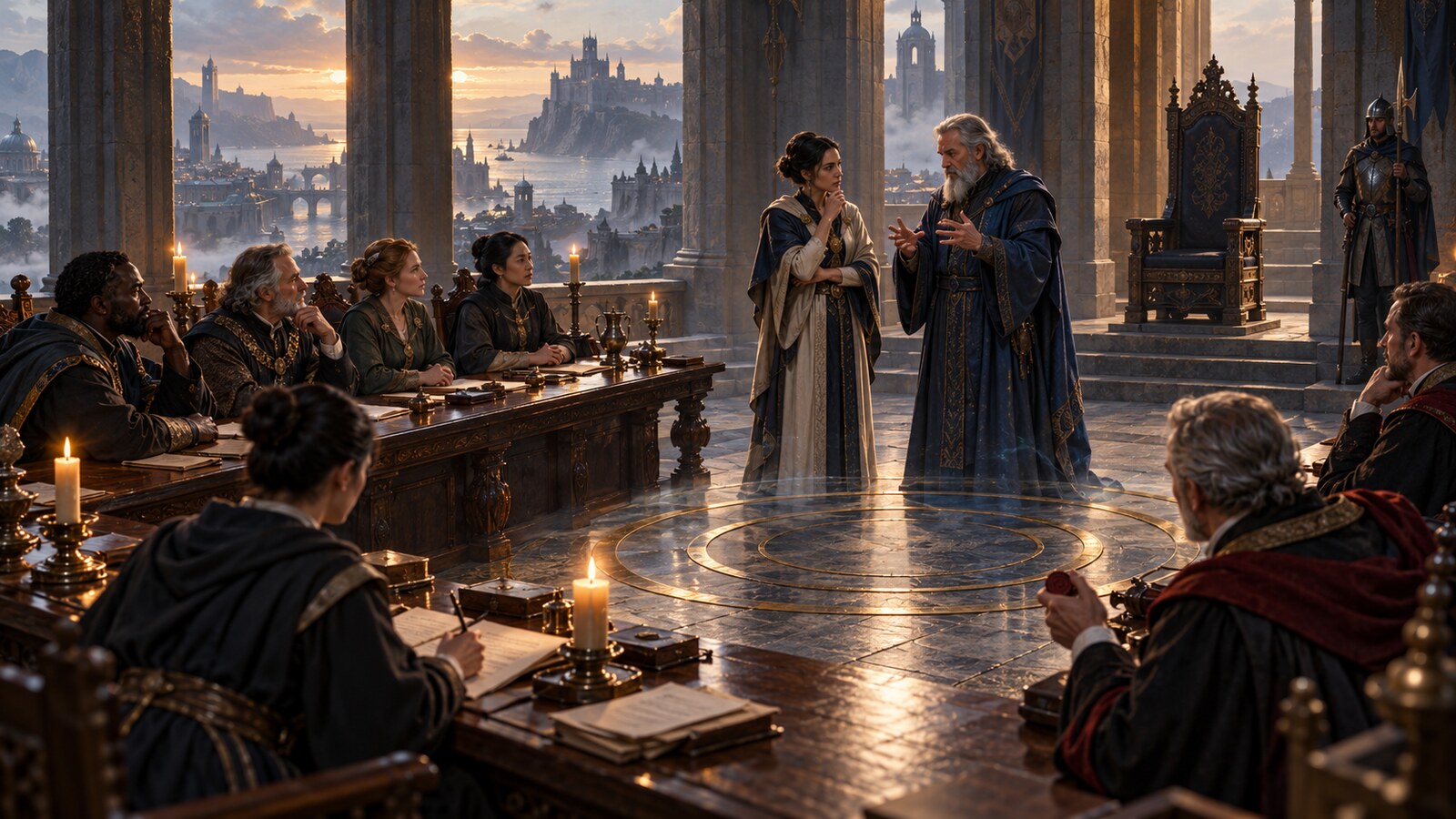 A council chamber where robed advisers confer beside a central arcane circle while officials record proceedings at a long table