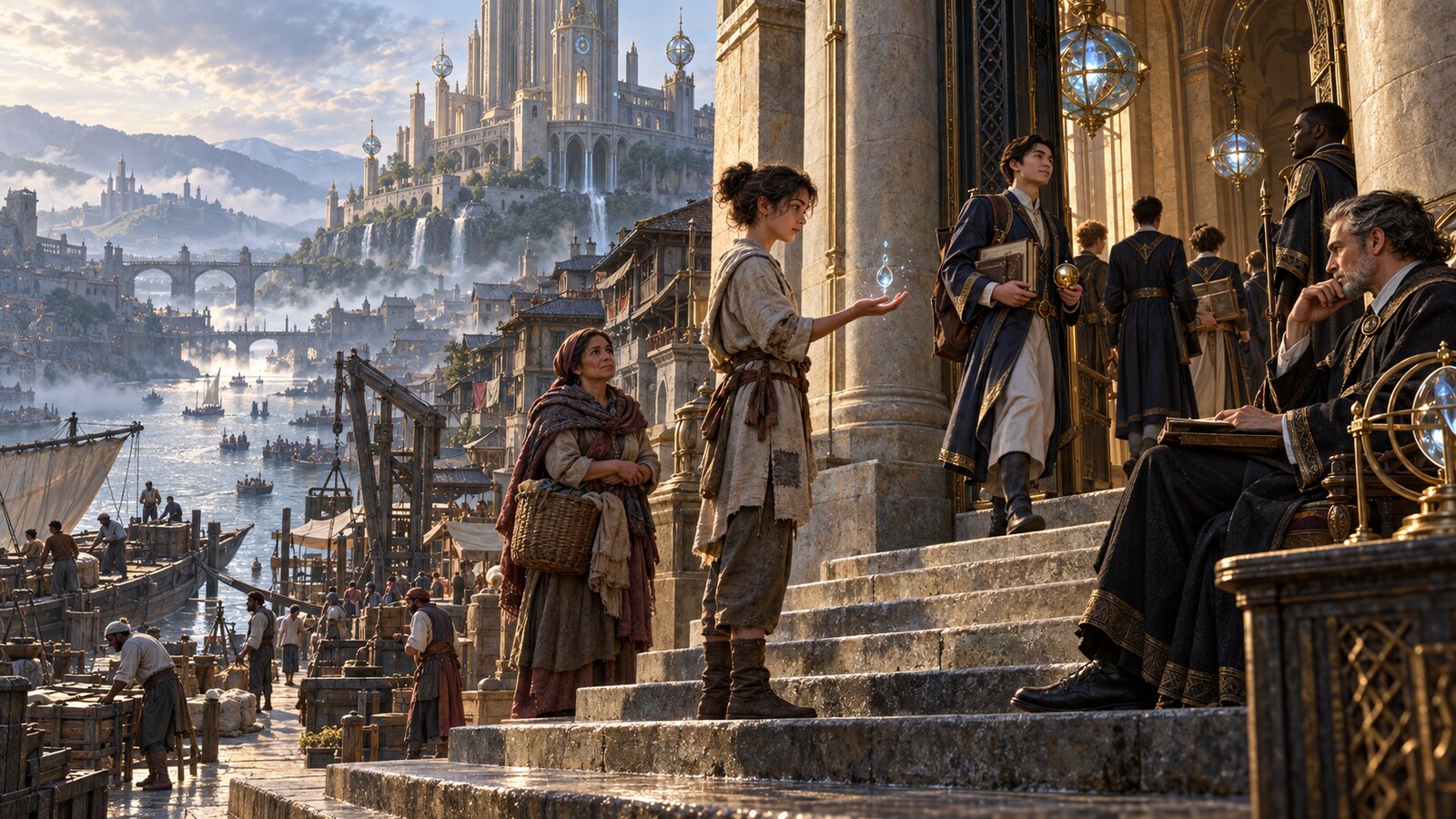 A divided fantasy city where a guild tower with glowing sigils overlooks crowded lower quarters beside the river