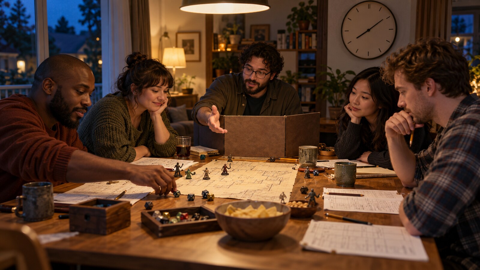 A tabletop RPG group gathered around a table with character sheets and dice, a clock on the wall marking the session time