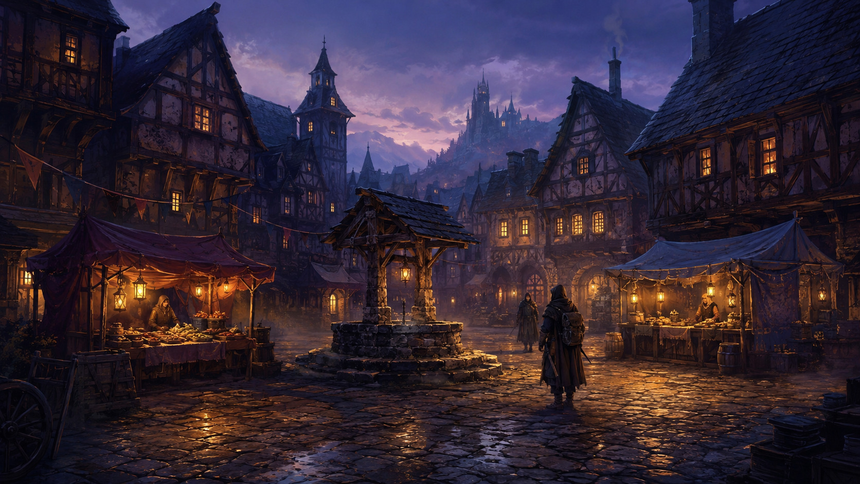 A hooded traveller crossing a lantern-lit fantasy town square at dusk, past a stone well and timber-framed market stalls