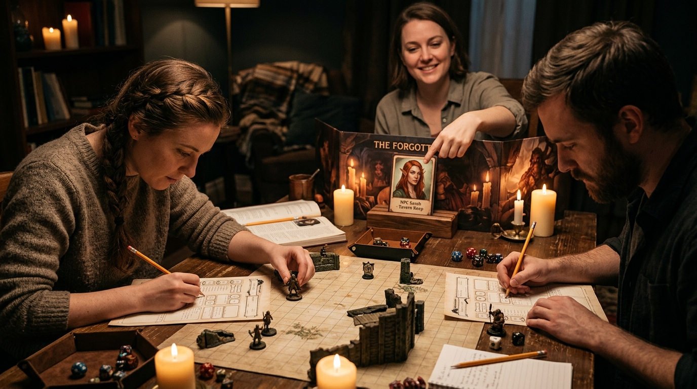 Two players at a table, one leaning in as the GM quietly reminds them who an NPC is instead of quizzing them