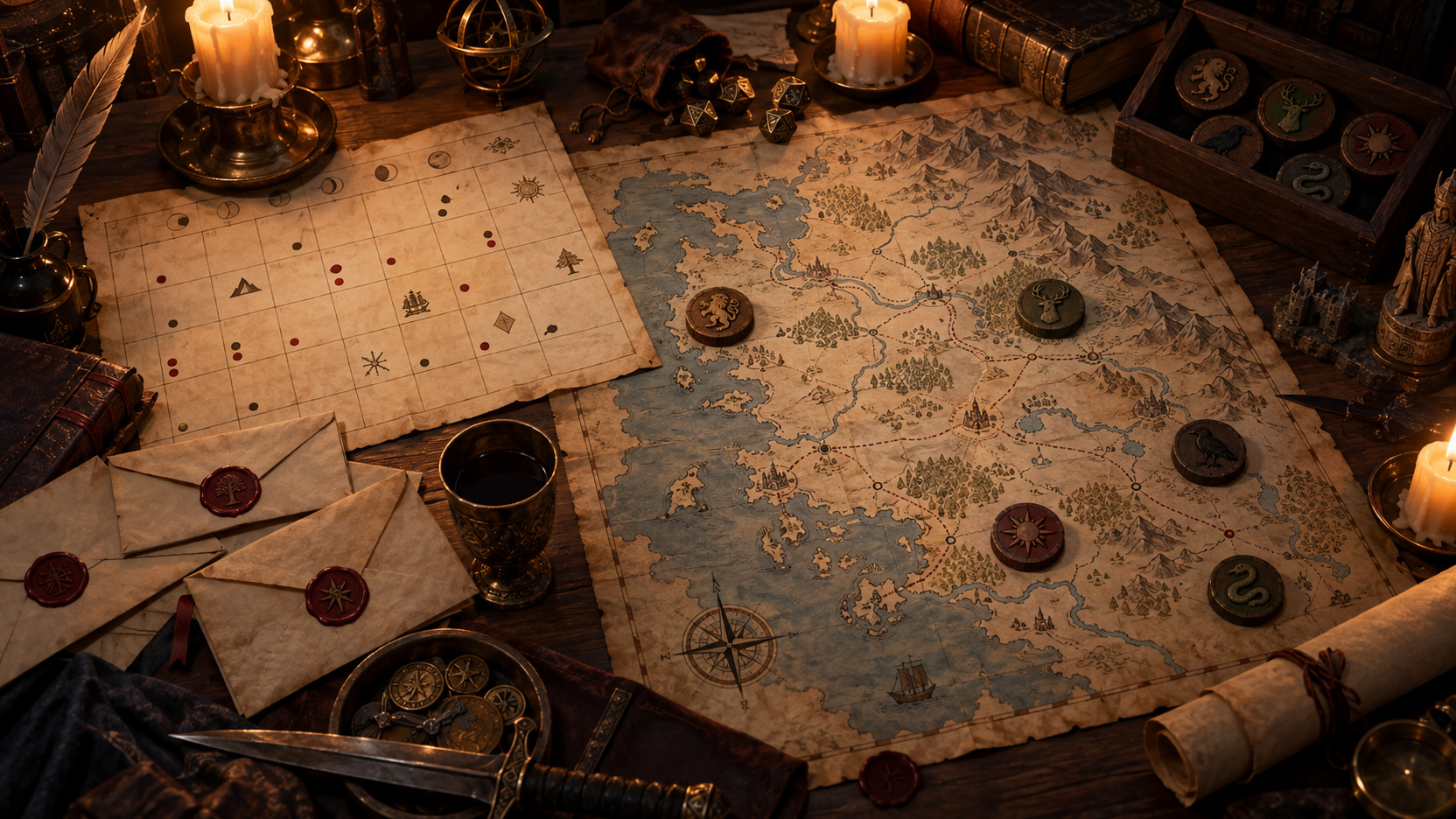 A Game Master's table with a calendar of dated events, wax-sealed letters and faction tokens laid out beside a hand-drawn campaign map