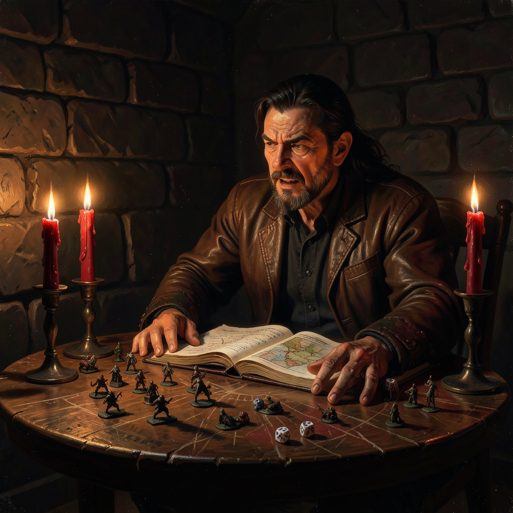 A Dungeon Master making an expressive ruling at a candlelit tabletop covered in maps and dice