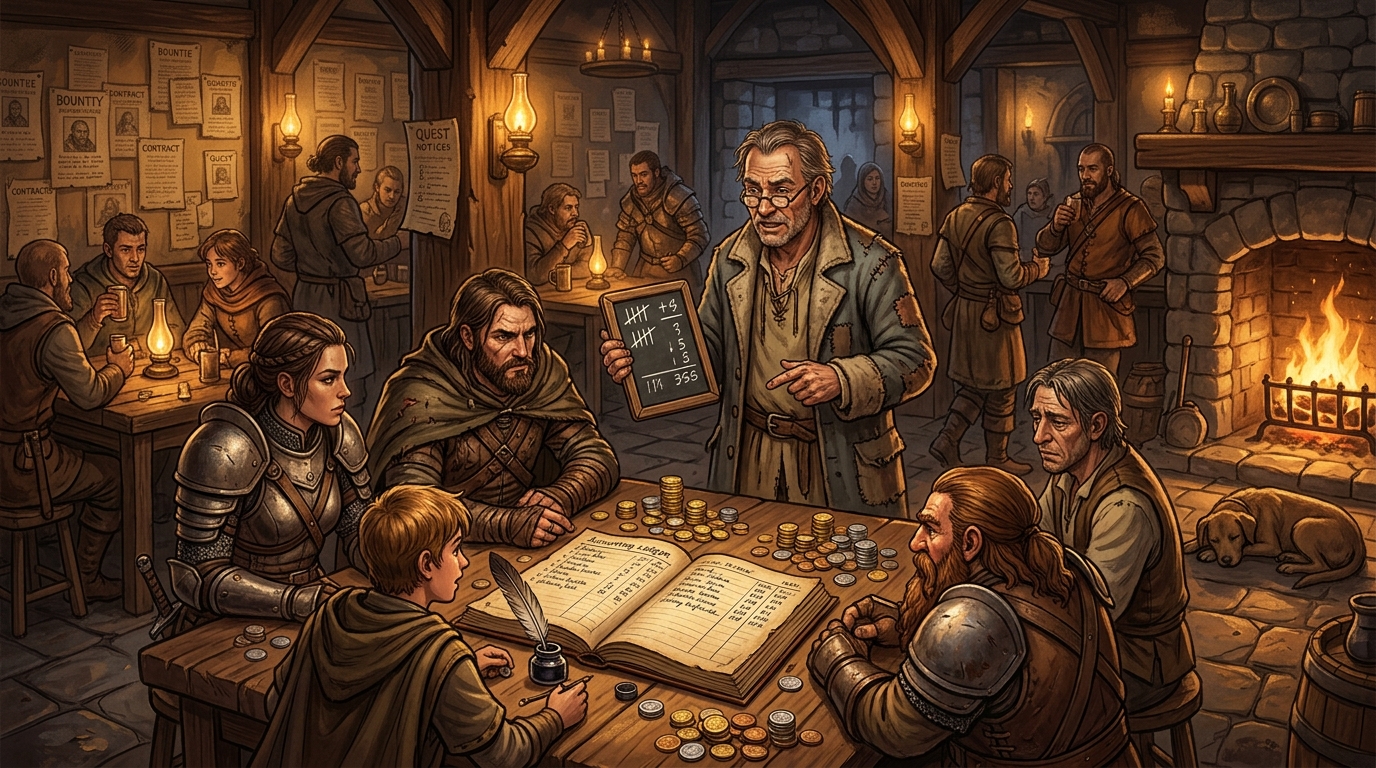 Adventurers gathered around a guild hall table counting coin and ledger by lamplight