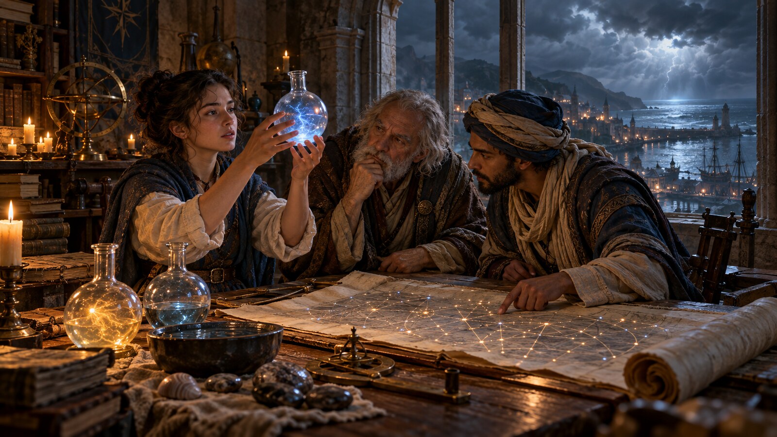 Scholars unrolling an illuminated scroll of arcane constellations in a candlelit archive beside glass vessels that hold faint stormlight