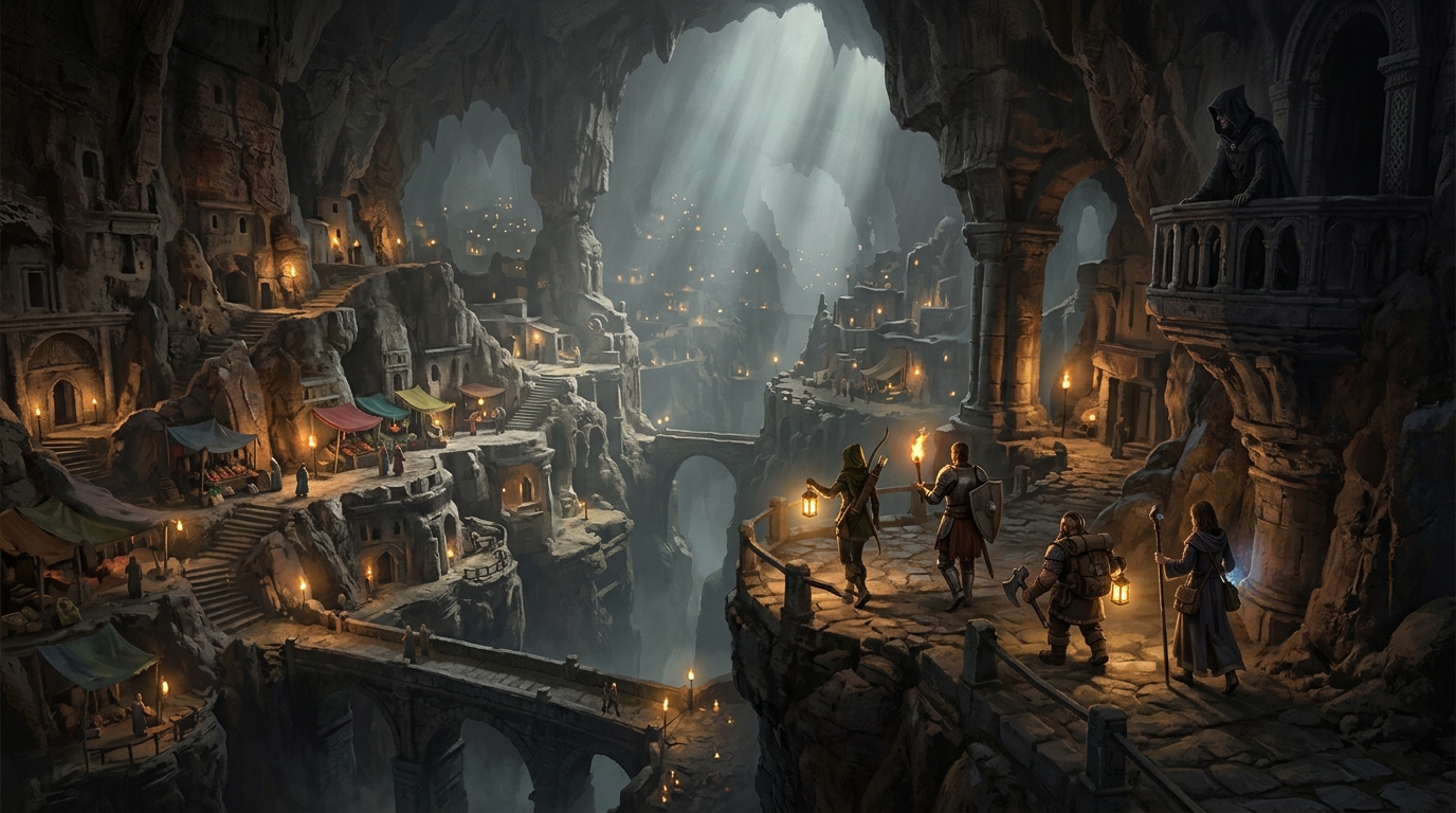 Four adventurers with lanterns overlooking an underground stone city of bridges, market stalls and carved dwellings