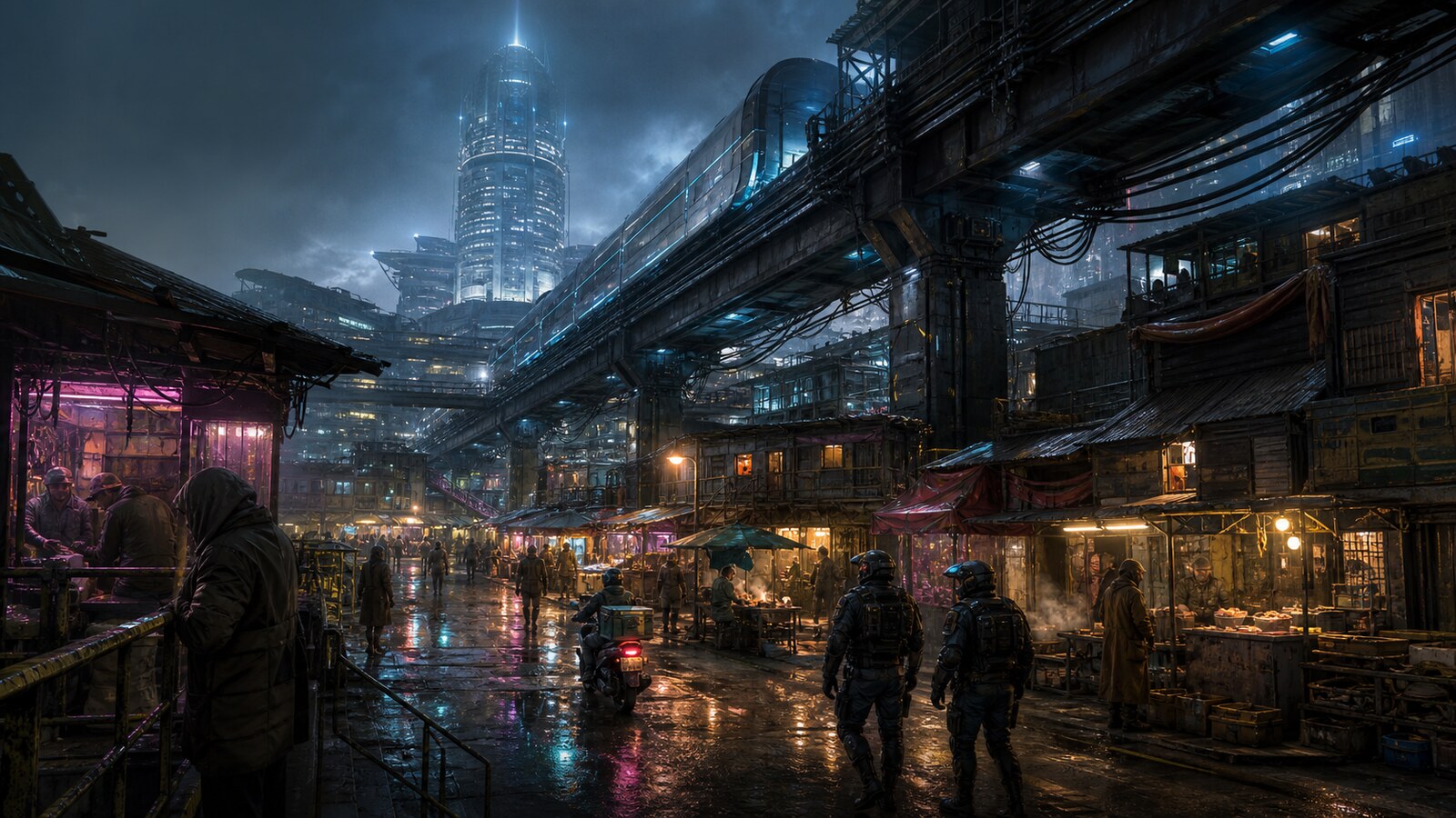 Rainy cyberpunk market district beneath elevated rail lines and corporate towers
