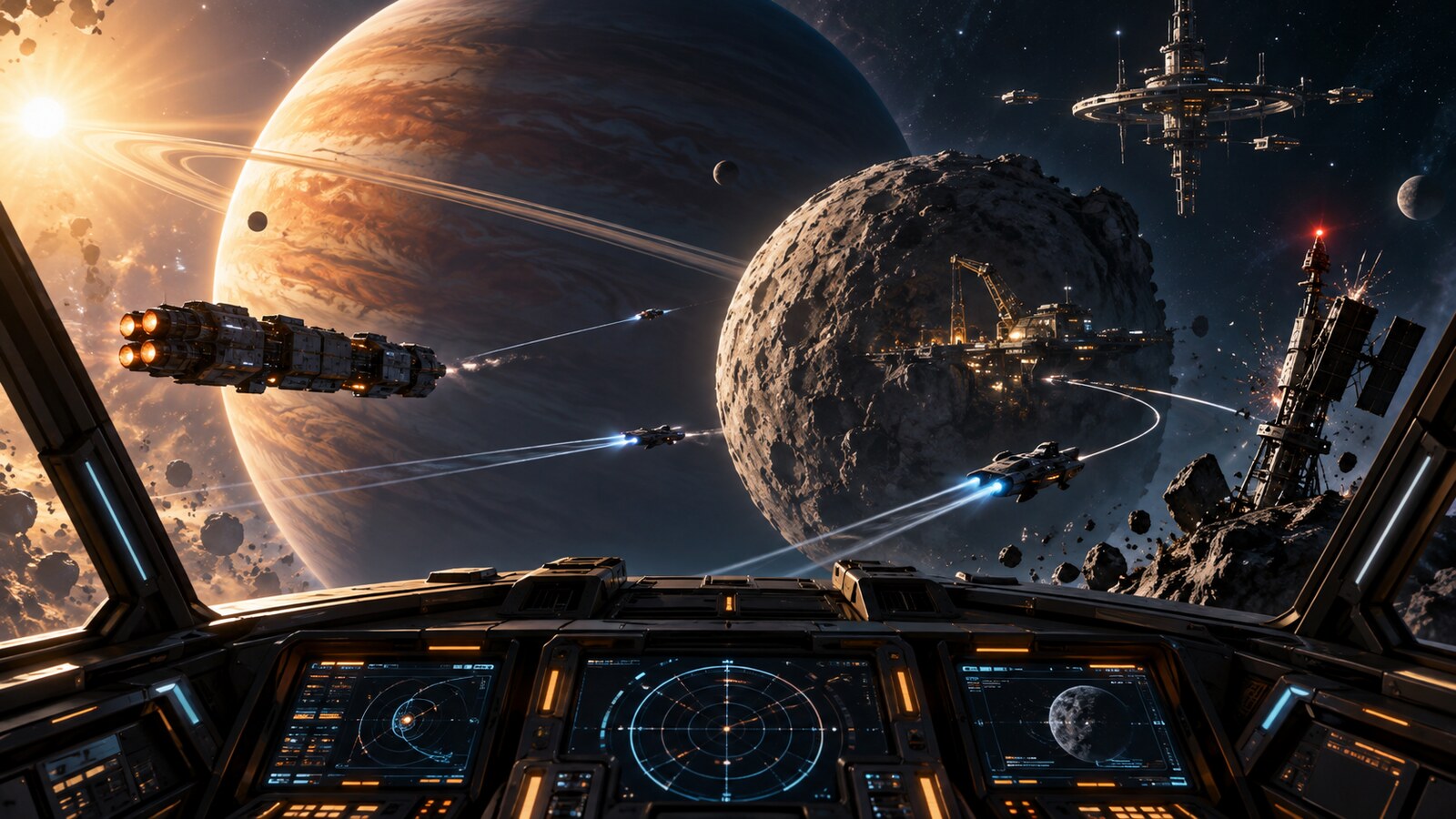 Exploration ship overlooking a gas giant, mining moon, orbital station, and busy routes through a star system
