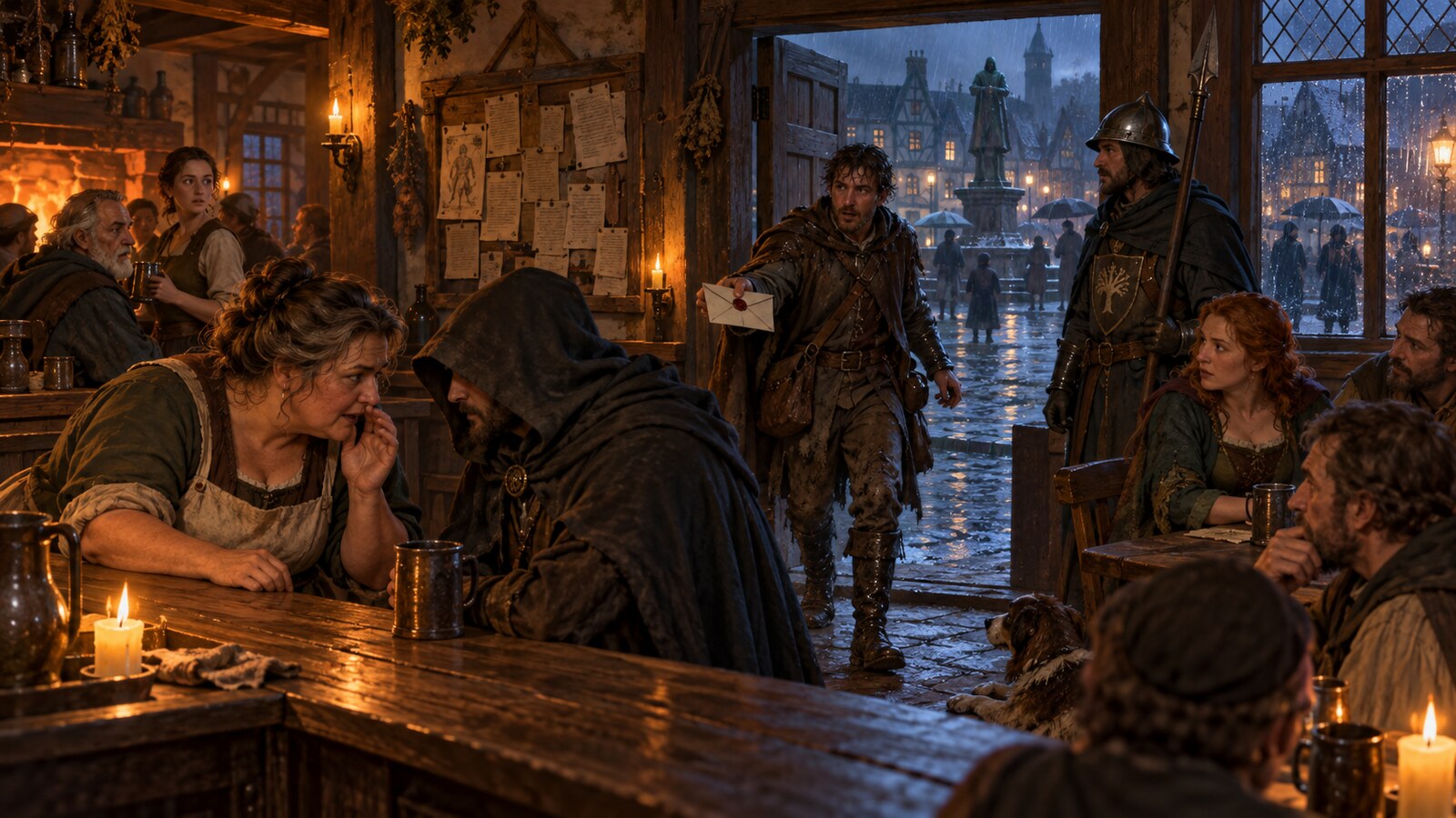Town residents exchange news in a candlelit fantasy tavern while rain falls outside