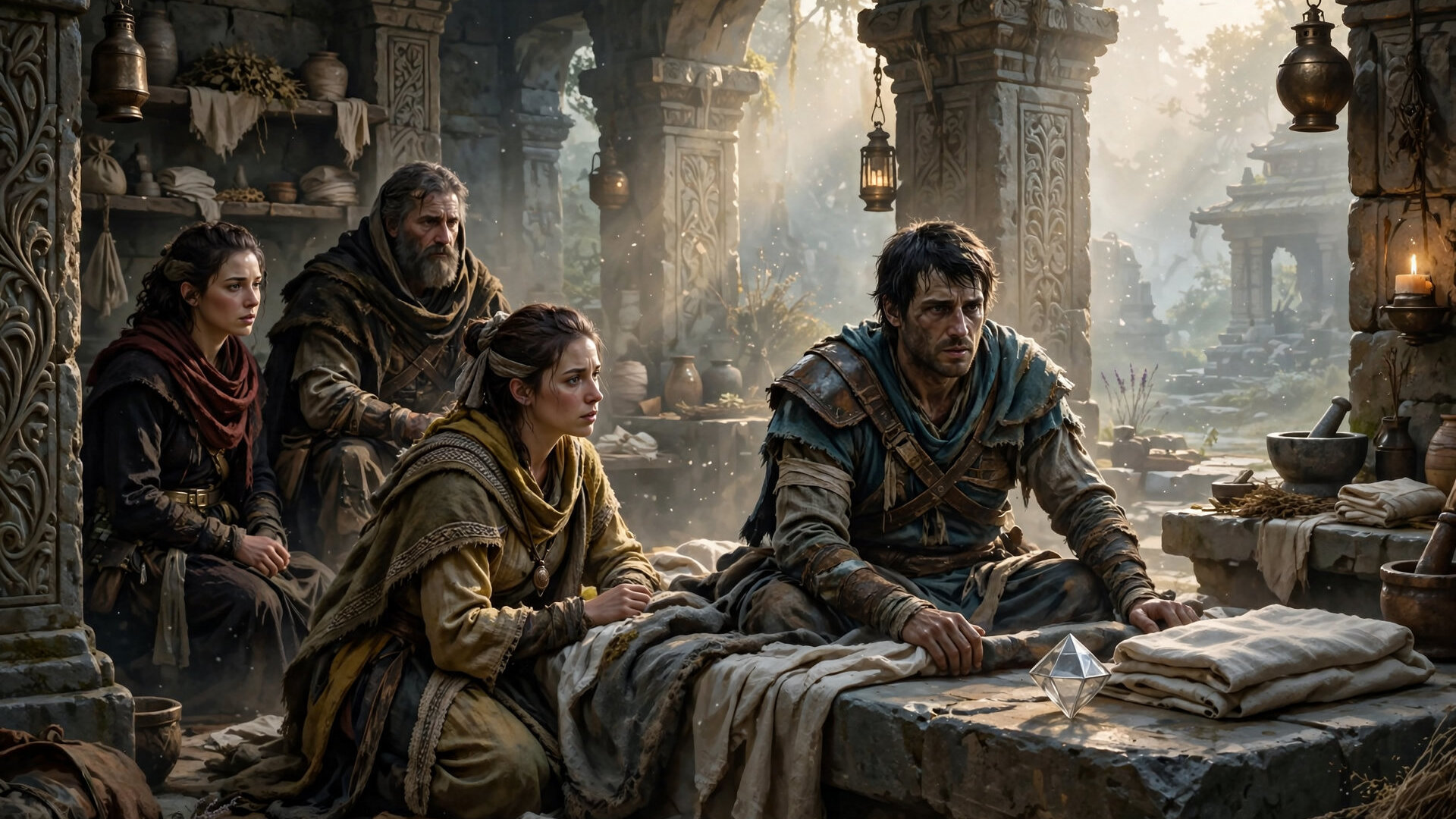 Companions keep vigil in a stone temple infirmary at dawn as a returned adventurer sits up on a stone bed beside a folded burial cloth
