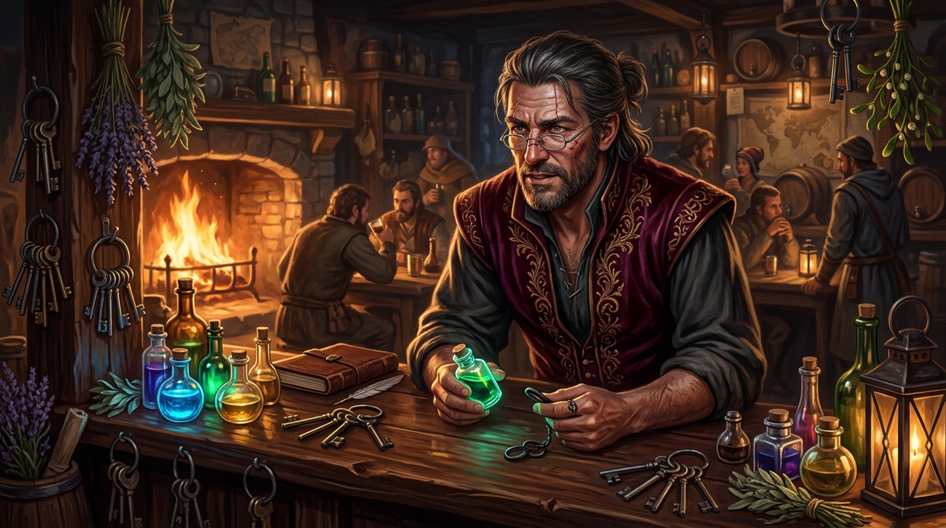 Charismatic tavern merchant in embroidered velvet vest speaking intently over counter of curious keys and bottled inks