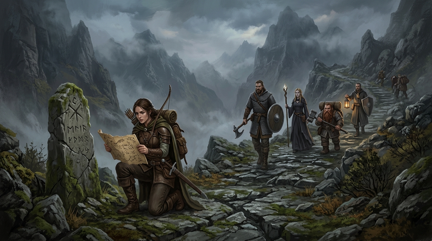 Adventuring party navigating a misty mountain pass with a parchment map and ancient stone waymarker