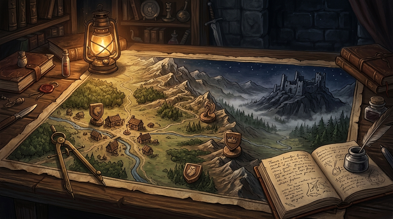 Regional fantasy map spread on a candle-lit Game Master study desk with drafting compass, wooden faction tokens, and travel notes
