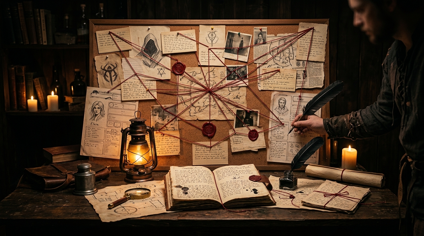 Game Master inquiry corkboard with parchment cards, red connecting twine, heraldic seals, and open campaign journal