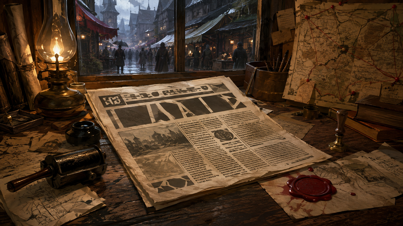 An in-world newspaper beside ink and campaign notes on a rainy town desk