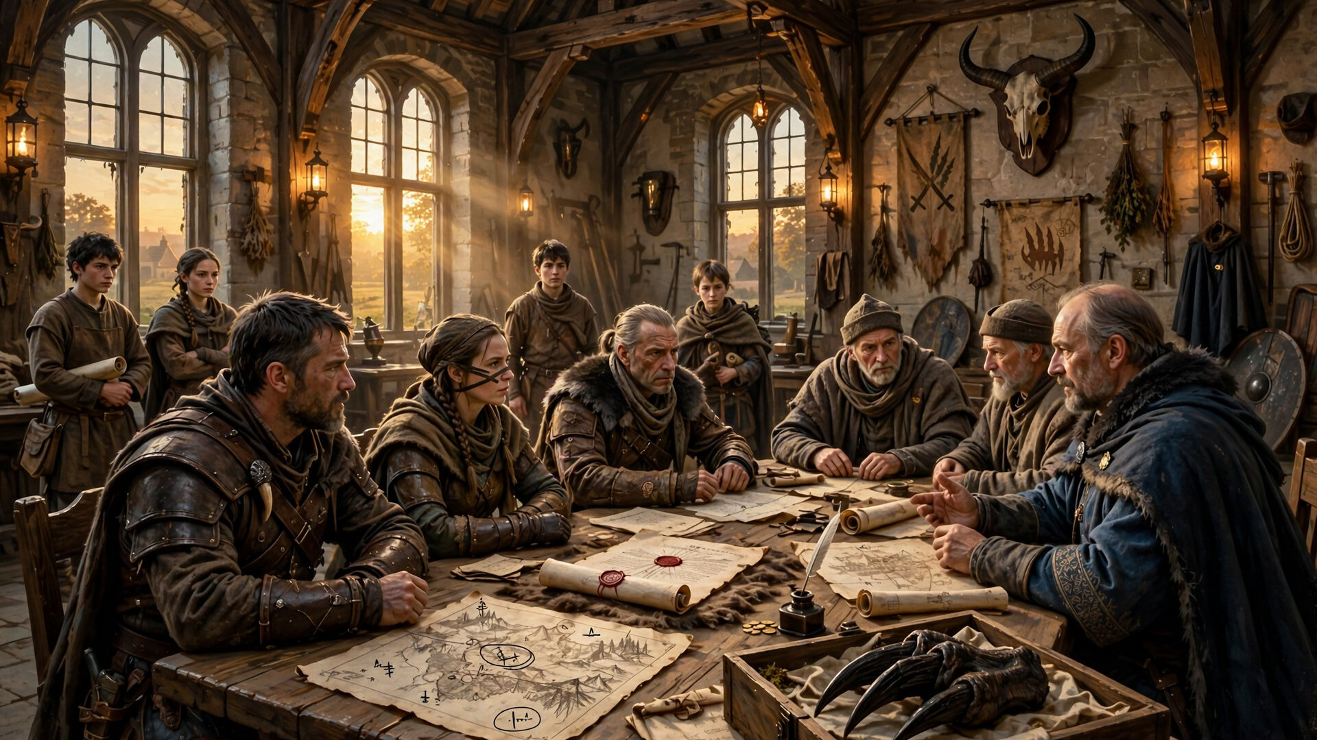 Master hunters negotiating a sealed contract with town elders around a guild hall table with maps and a monster claw
